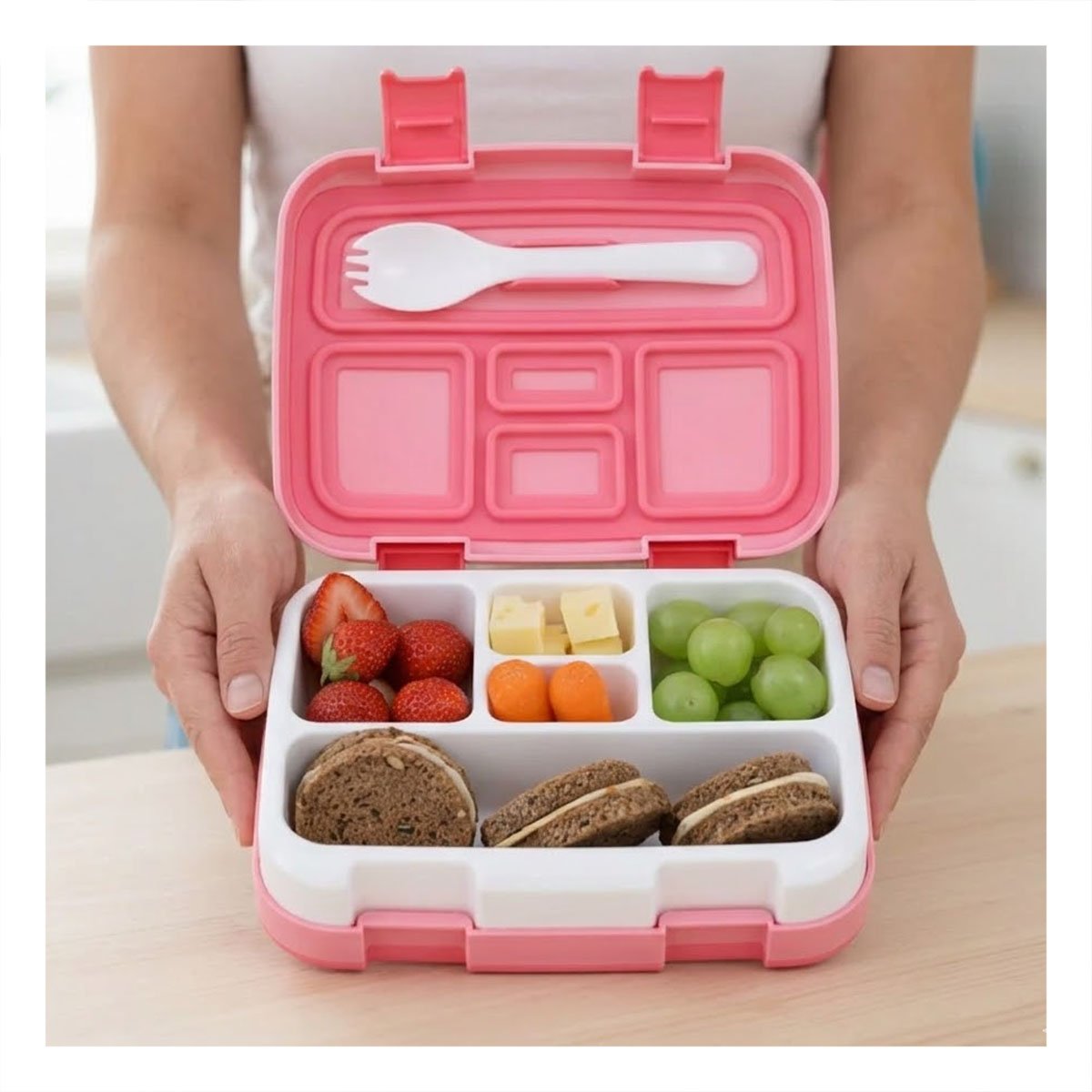 PACK4 ESTUCHE RESISTENTE BENTO 5 DIVISIONES ROSADO PARA COMIDA DIARIA - 3