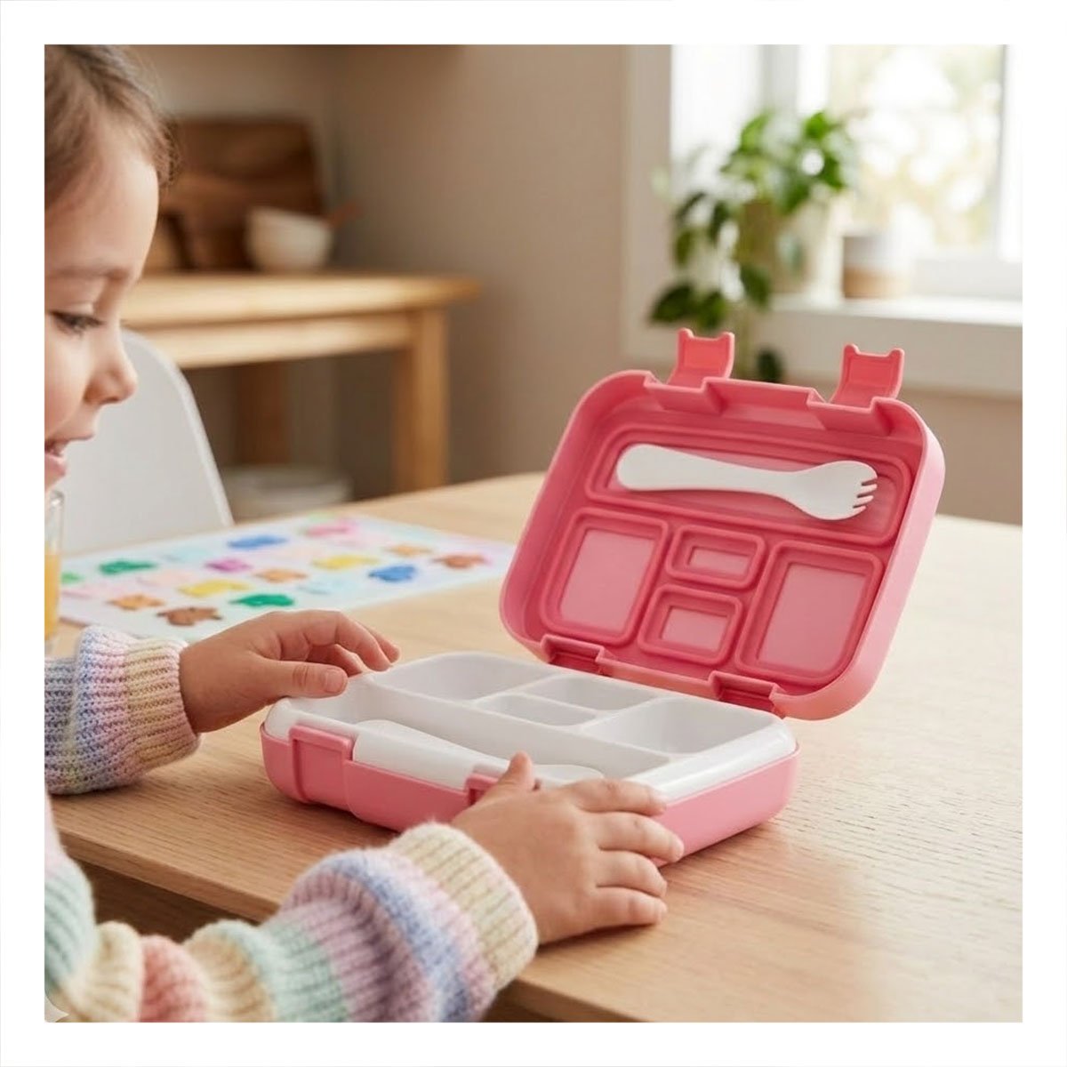PACK4 ESTUCHE RESISTENTE BENTO 5 DIVISIONES ROSADO PARA COMIDA DIARIA - 5
