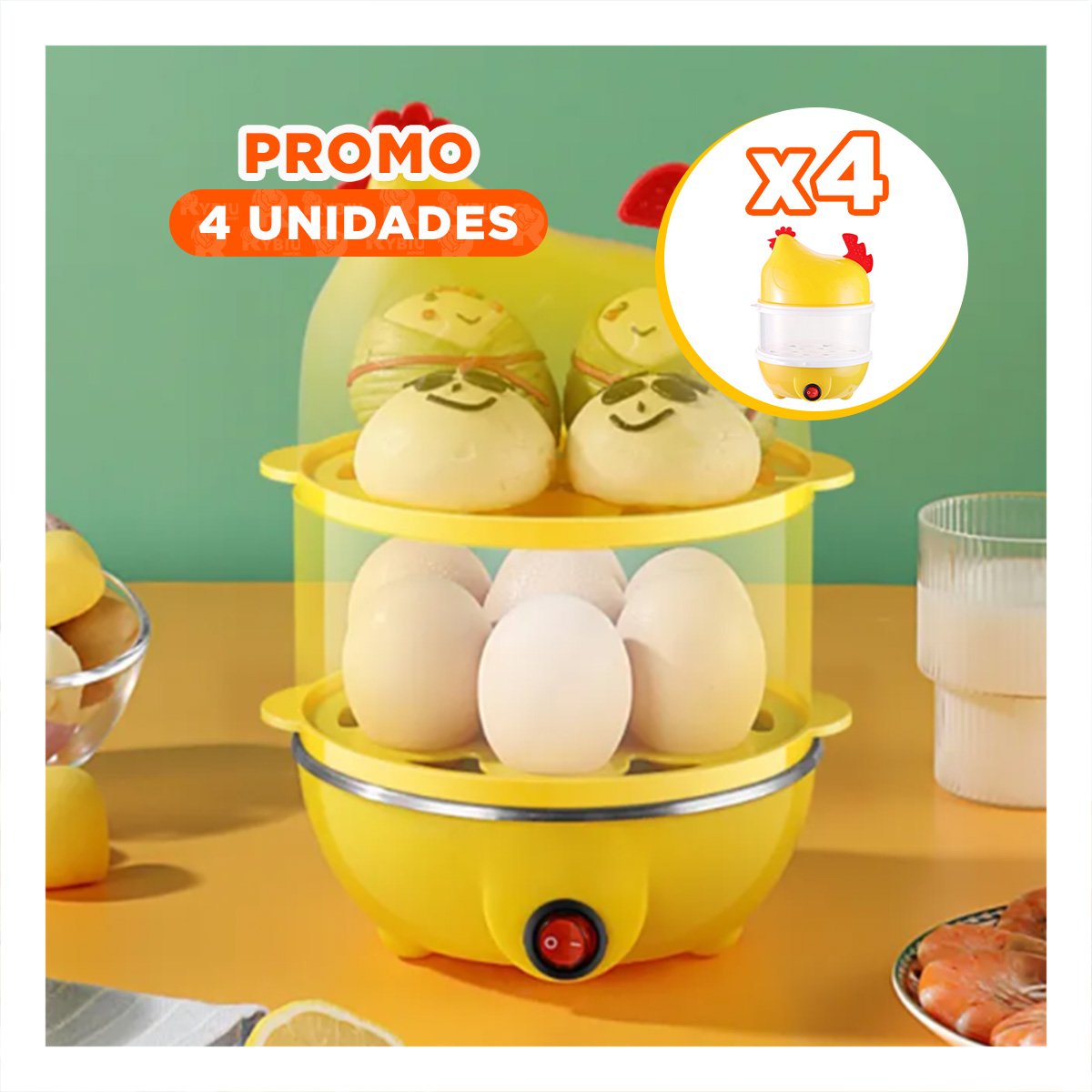 PACK4 EQUIPO DE COCINA PARA HUEVOS DOS NIVELES AMARILLO COMPACTO Y PRACTICO YPAPEL REGALO - 1