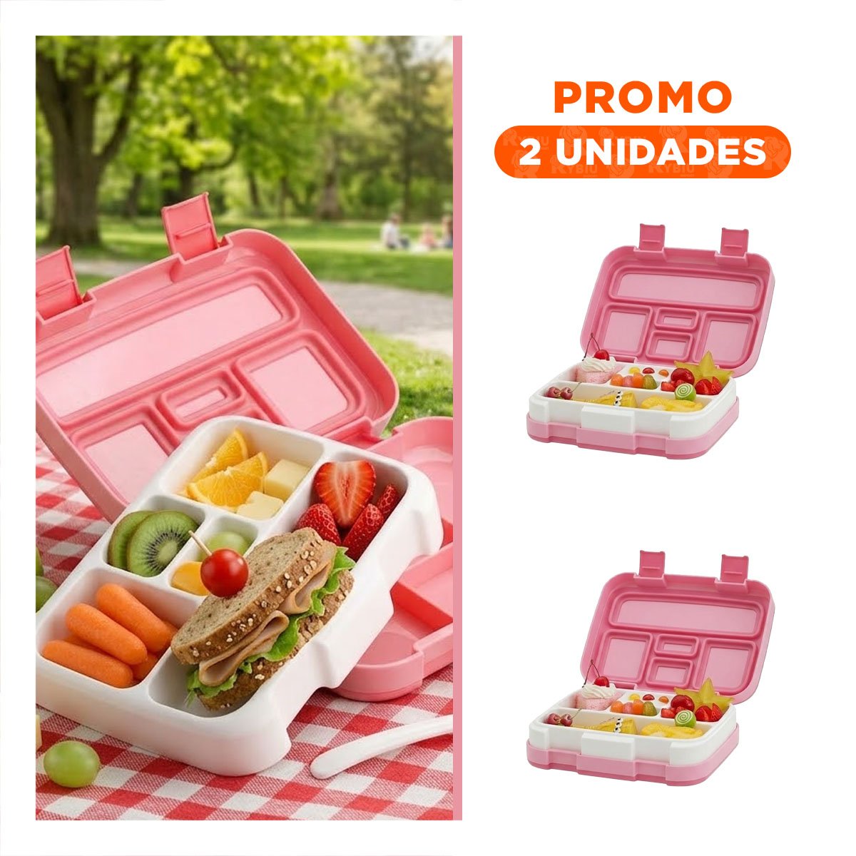 PACK2 ESTUCHE MODERNO BENTO 5 DIVISIONES ROSADO PARA ALIMENTOS SEPARADOS YREGALO STICKER - 1