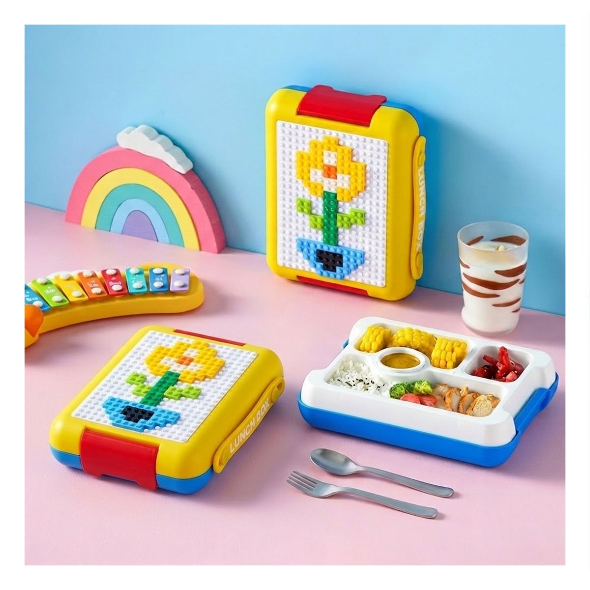 ENVASE BENTO LEGO 4 DIVISIONES AMARILLO SEGURO PARA ALIMENTOS ESCOLARES YSTICKY - 1
