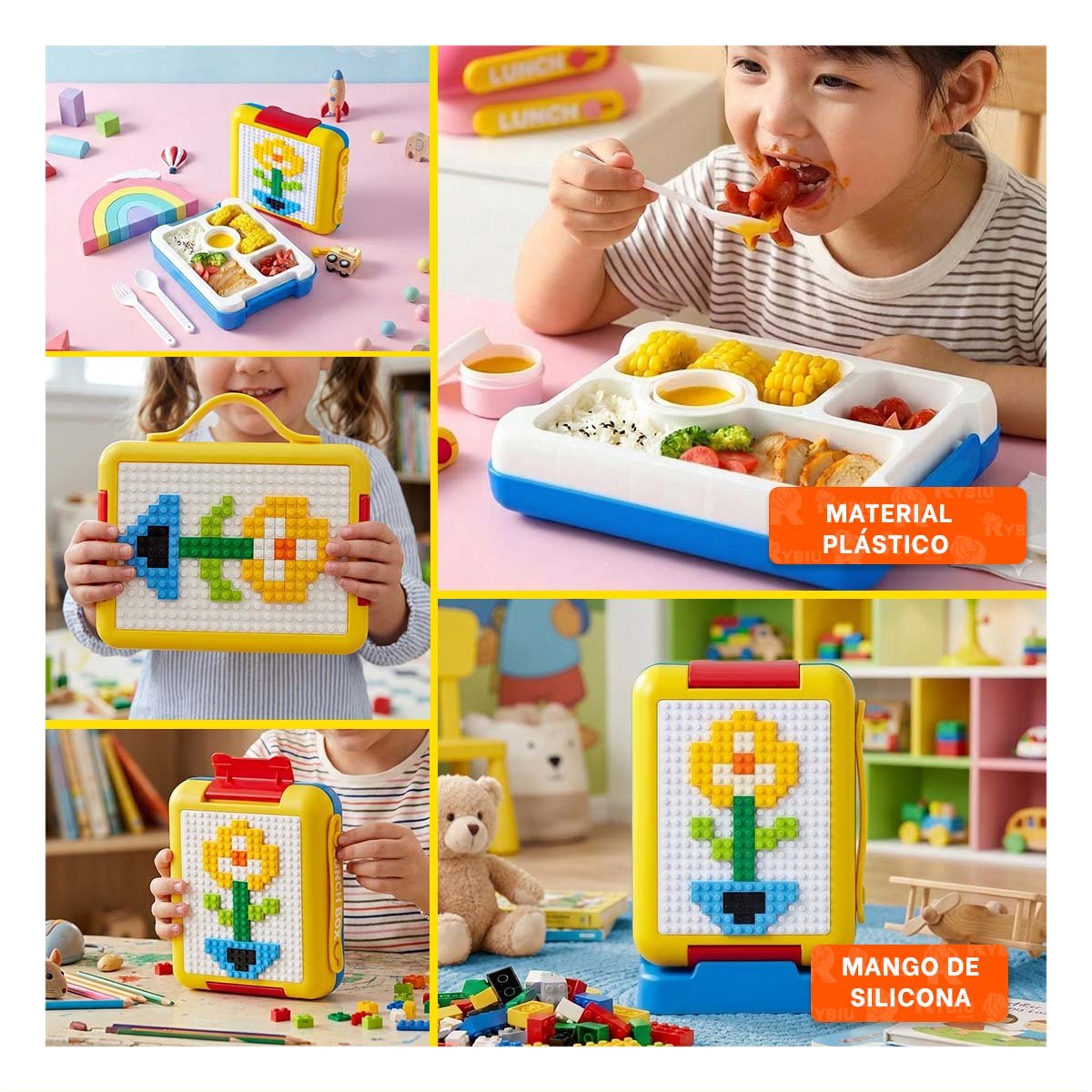 ENVASE BENTO LEGO 4 DIVISIONES AMARILLO SEGURO PARA ALIMENTOS ESCOLARES YSTICKY - 2