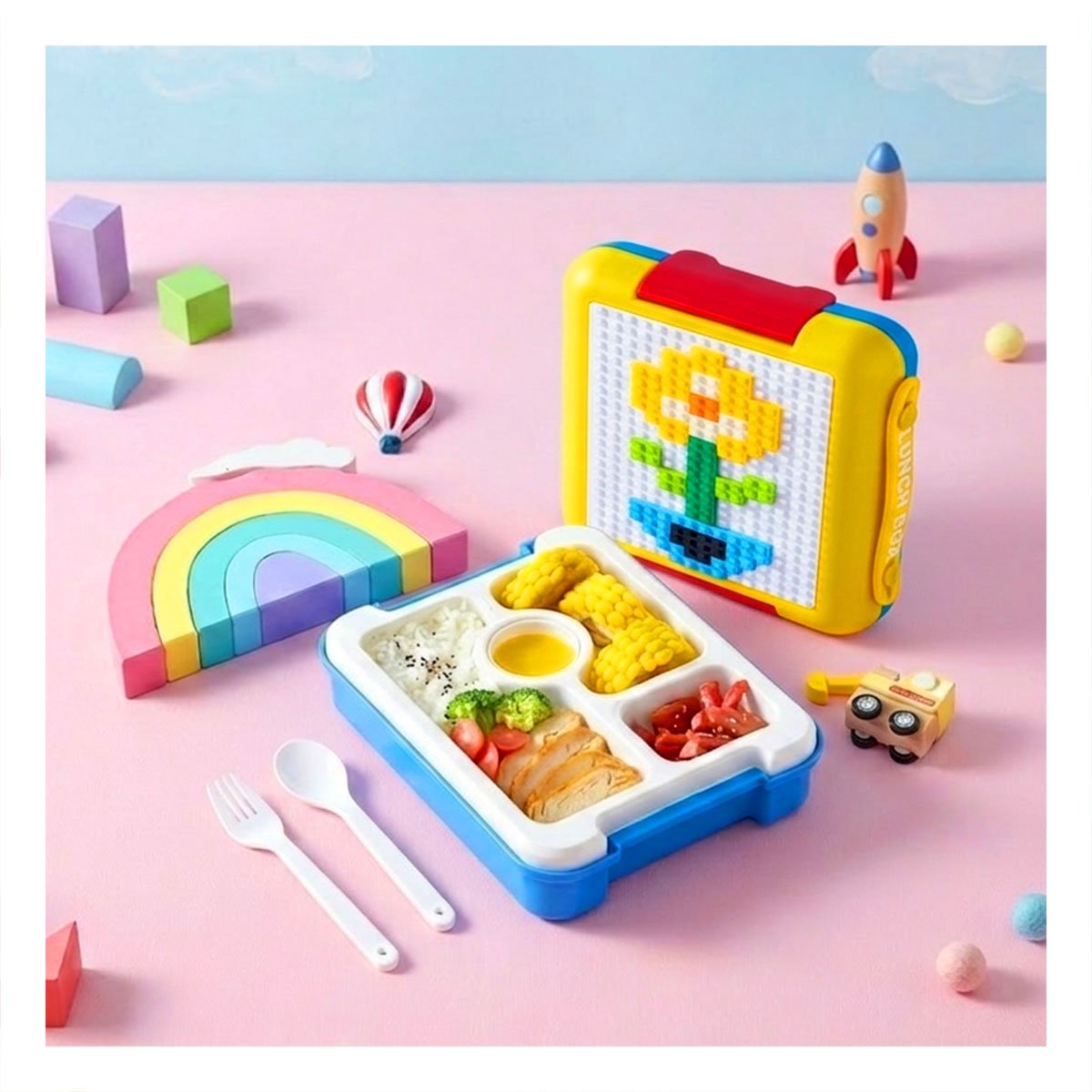 ENVASE BENTO LEGO 4 DIVISIONES AMARILLO SEGURO PARA ALIMENTOS ESCOLARES YSTICKY - 3