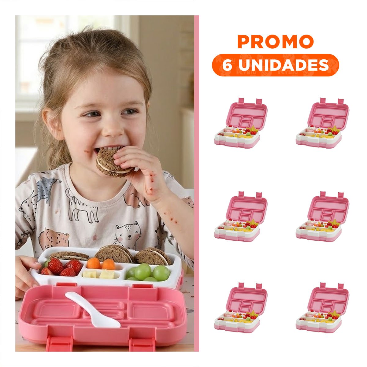 PACK6 KIT MODERNO BENTO 5 DIVISIONES ROSADO PARA ALMUERZOS ORGANIZADOS YREGALO STICKER - 1