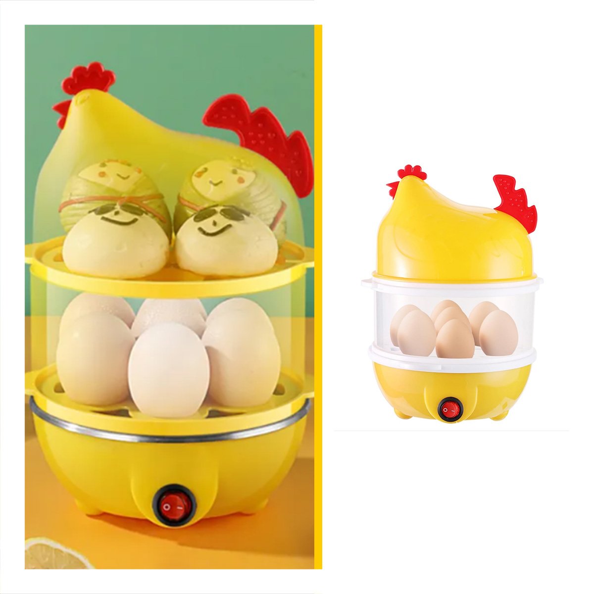 GALLINA COCEDORA DE HUEVOS DOS NIVELES AMARILLO PRACTICO COCINA CASA YPAPEL REGALO - 5