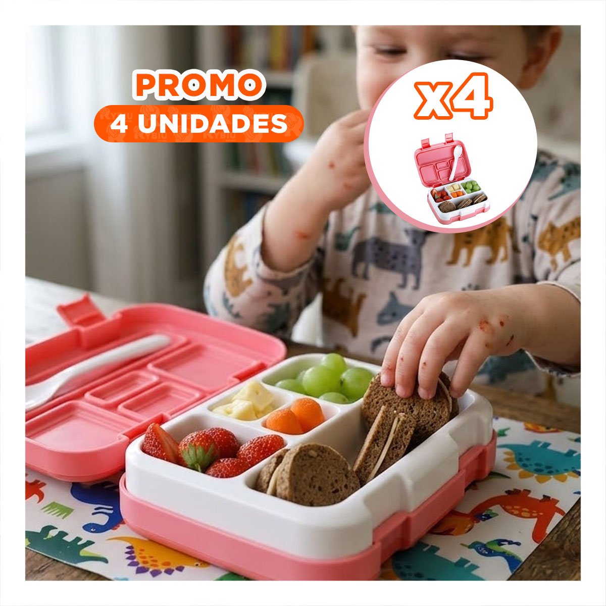 PACK4 KIT BENTO 5 DIVISIONES ROSADO PARA LLEVAR COMIDA ORDENADA A OFICINA YREGALO STICKER - 1