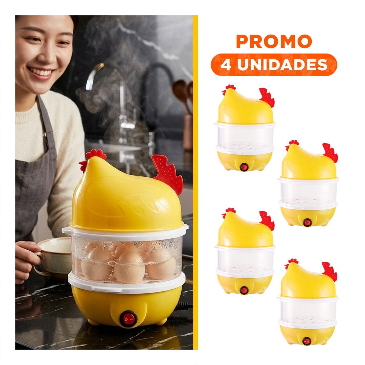 PACK4 MAQUINA PARA COCER HUEVOS DOS NIVELES AMARILLO FUNCIONAL PARA EL HOGAR - 1