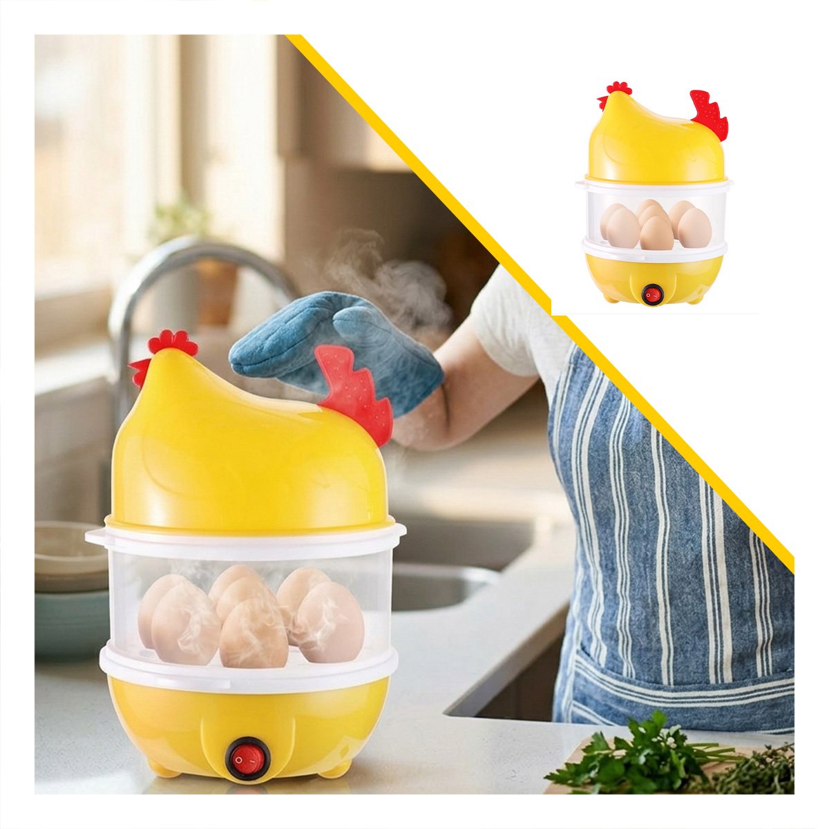 GALLINA DISPENSADOR DE HUEVOS DOS NIVELES AMARILLO COMPACTO COCINA HOGAR YSTICKY - 5