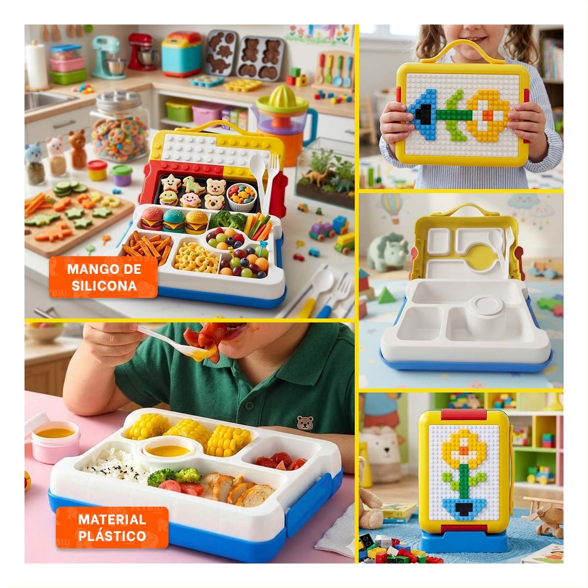 RECIPIENTE BENTO LEGO 4 DIVISIONES AMARILLO PARA LONCHERA ESCOLAR - 2