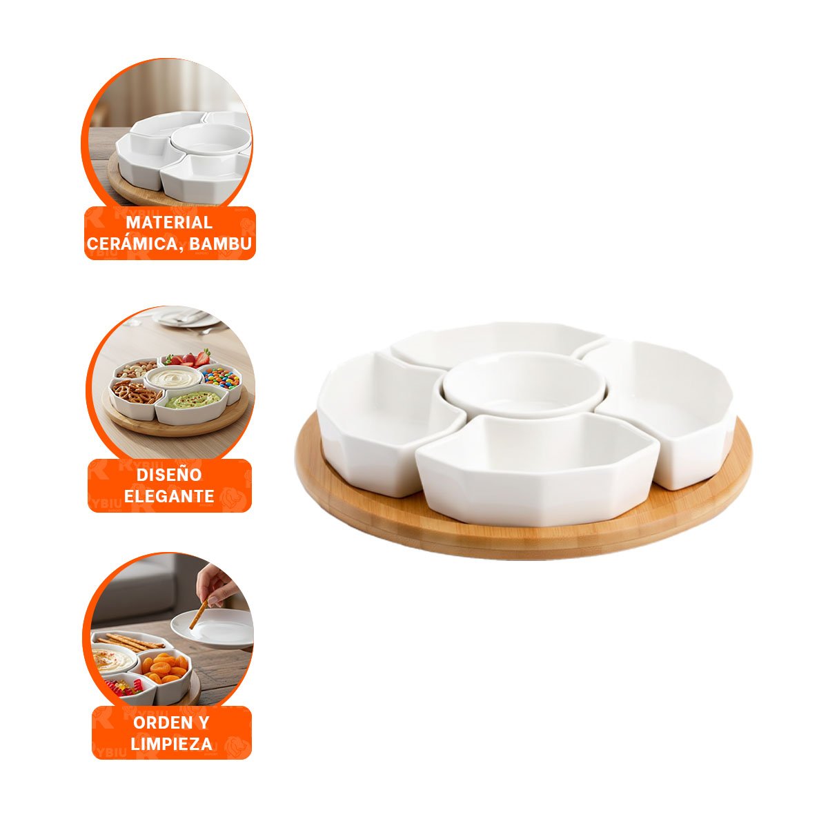 BANDEJA DE COLOR BLANCO DE 6 BOWLS CERAMICA 30CM USO DIARIO COMEDOR Y COCINA YPAPEL REGALO - 5