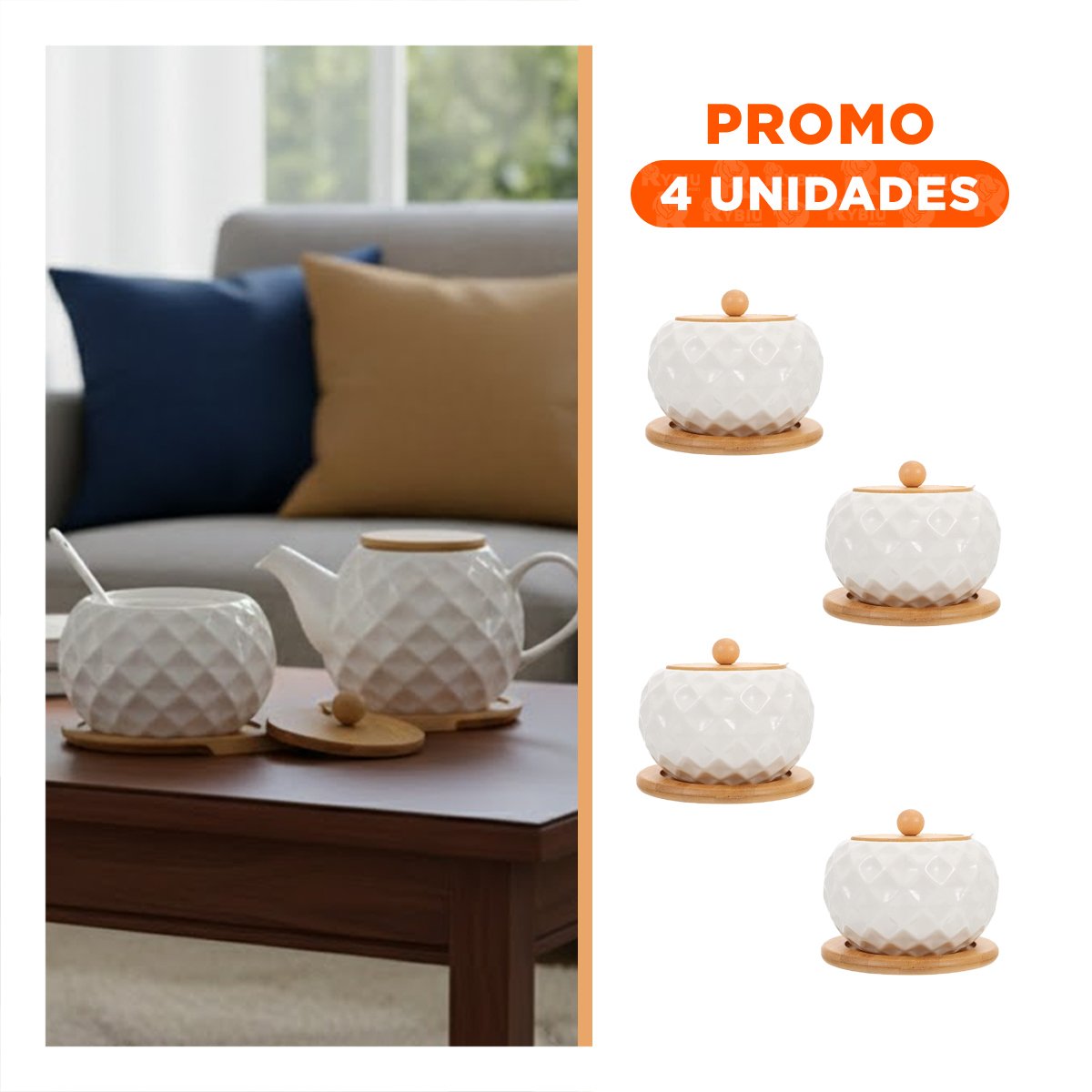 PACK4 CONTENEDOR CIRCULAR 500ML CON TAPA BAMBU CUCHARA Y SOPORTE DE COLOR BLANCO - 1