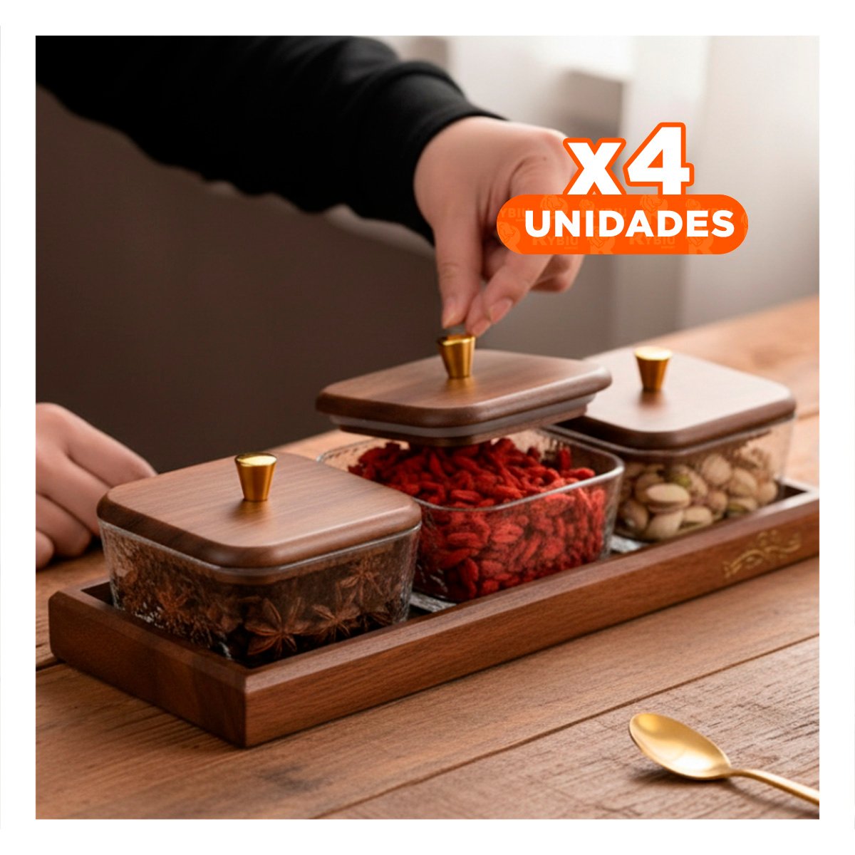 PACK4 CONJUNTO RECIPIENTES MARRON CON BASE Y 32,5X12CM TAPA DE MADERA 3 UNIDADES YPAPEL REGALO - 1