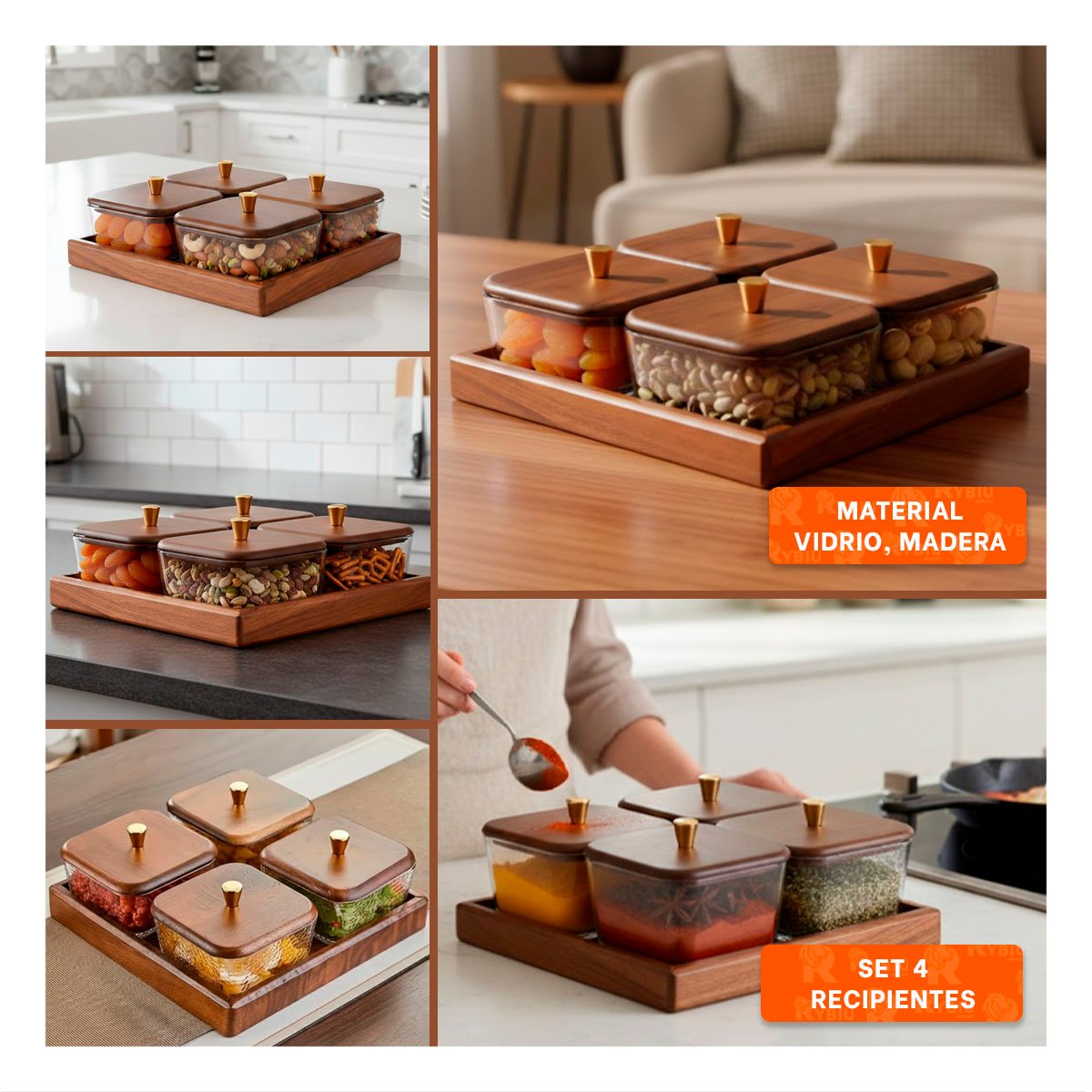 PACK4 CONJUNTO DE 4 RECIPIENTES CON TAPA MADERA BASE MARRON DE ALMACENAJE YREGALO STICKER - 2