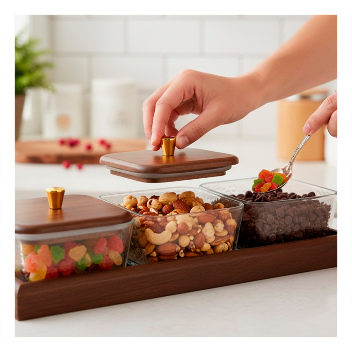 SET MARRON CUADRADOS 3 RECIPIENTES CON TAPA DE MADERA MEDIDAS 32,5X12CM YPOST IT - 1