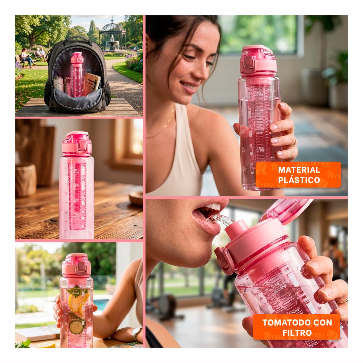 PACK4 BIDON DEPORTIVO CON FILTRO 1000 ML ROSADO TRANSPARENTE DE ENTRENAMIENTOS YREGALO STICKER - 2