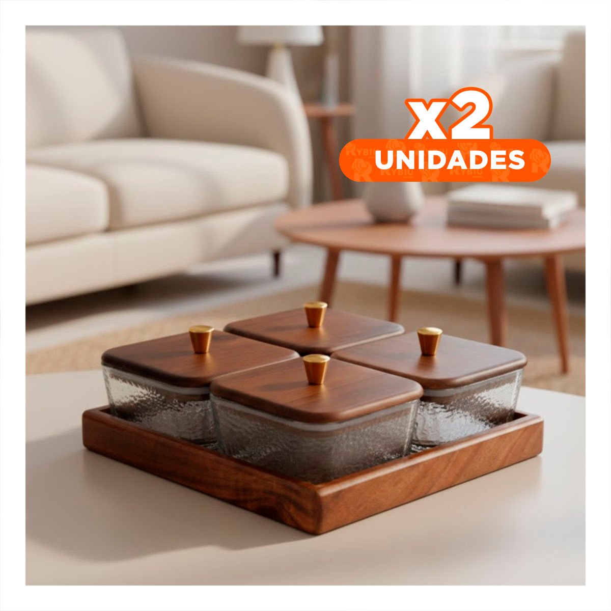 PACK2 PACK DE 4 RECIPIENTES CON TAPA MADERA BASE MARRON CUADRADOS ALMACENAJE YPAPEL REGALO - 1