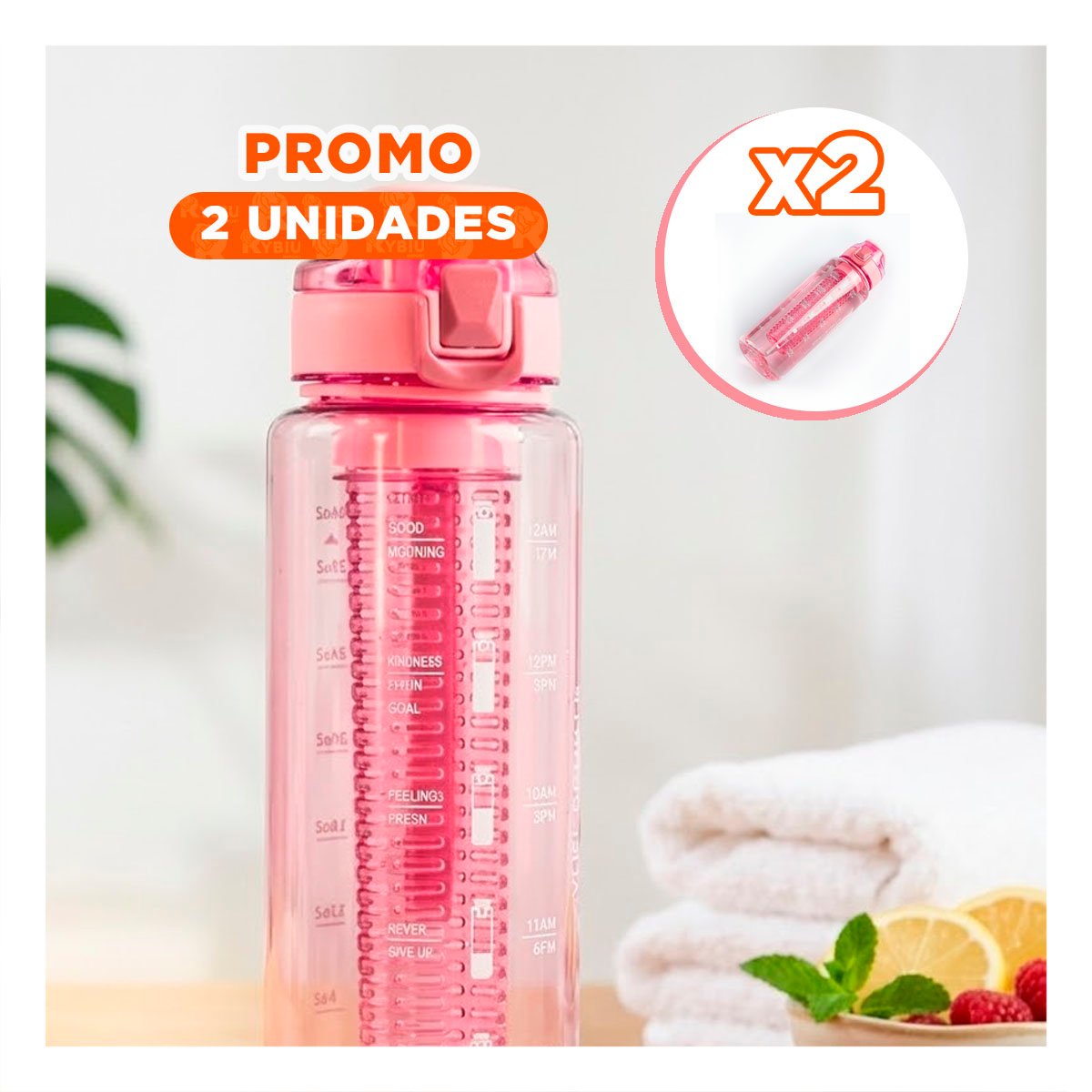 PACK2 BOTELLA DEPORTIVA CON FILTRO 1000 ML ROSADO TRANSPARENTE PARA GIMNASIO Y RUTINA DIARIA - 1