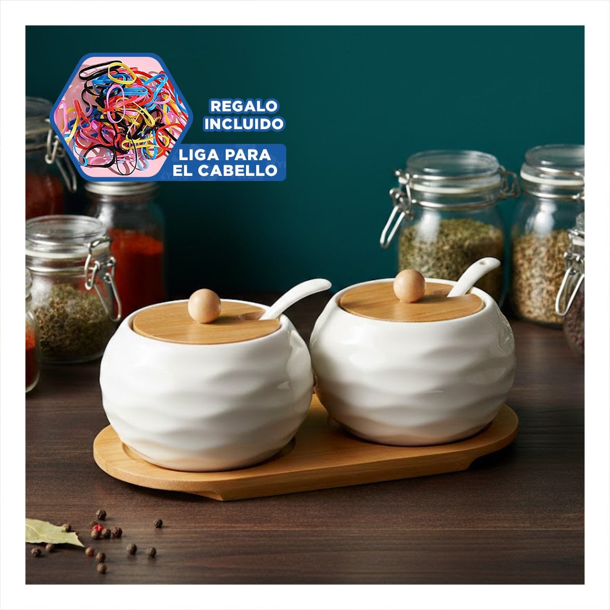 SET BLANCO DE 2 RECIPIENTES TAPA BAMBU 19,9CM ALMACENAJE Y USO DIARIO HOGAR YLIGAS REGALO - 2