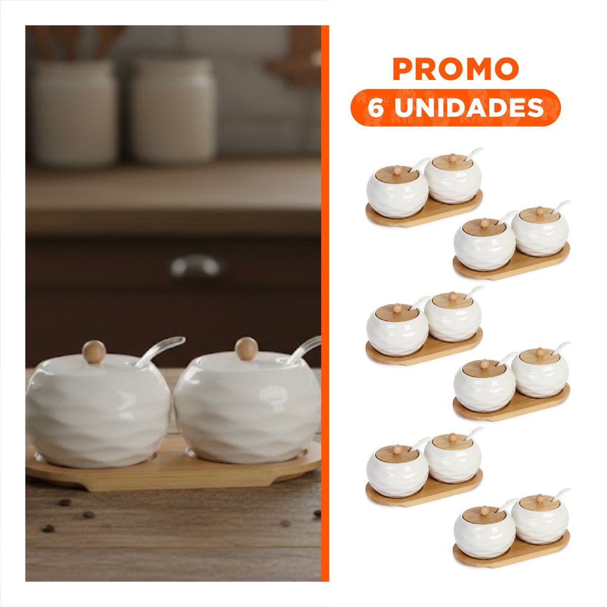 PACK6 CONJUNTO DE 2 RECIPIENTES BLANCO TAPA BAMBU 19,9CM USO DIARIO Y COCINA YREGALO STICKER - 1