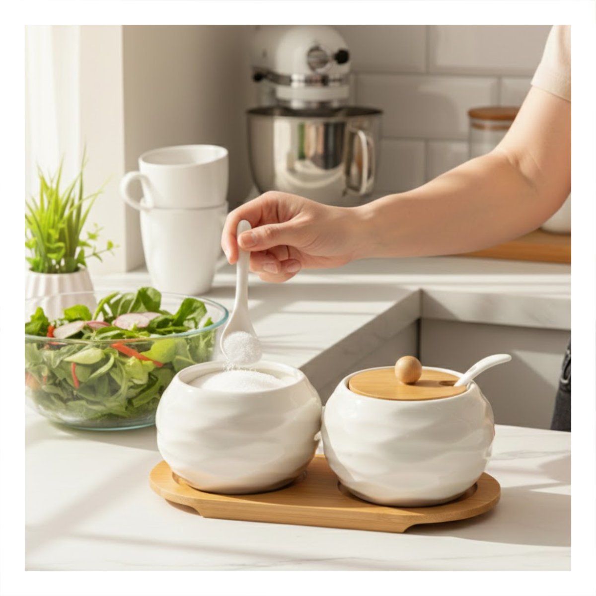 PACK6 CONJUNTO DE 2 RECIPIENTES BLANCO TAPA BAMBU 19,9CM COCINA Y USO DIARIO HOGAR - 2