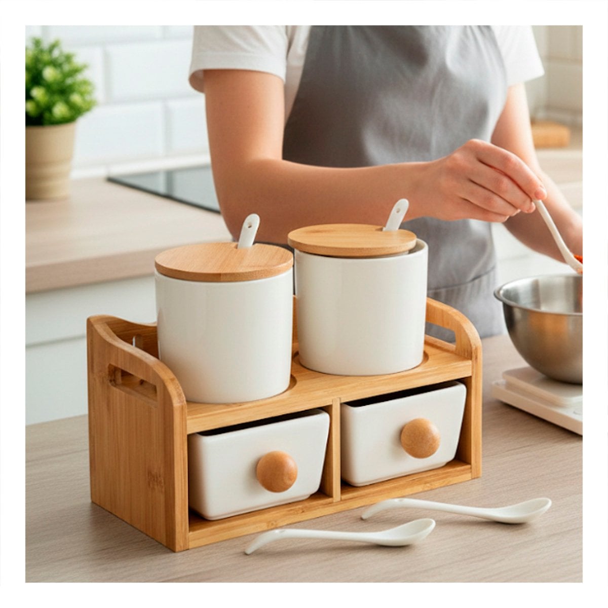 PACK4 PACK BLANCO DE 4 RECIPIENTES TAPA CUCHARA BASE 32X12CM COCINA Y ORGANIZACIÓN - 2