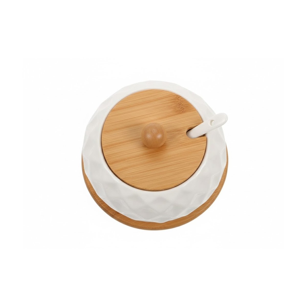 RECIPIENTE CIRCULAR 500ML CON BASE DE COLOR BLANCO TAPA DE BAMBU Y CUCHARA YREGALO STICKER - 1
