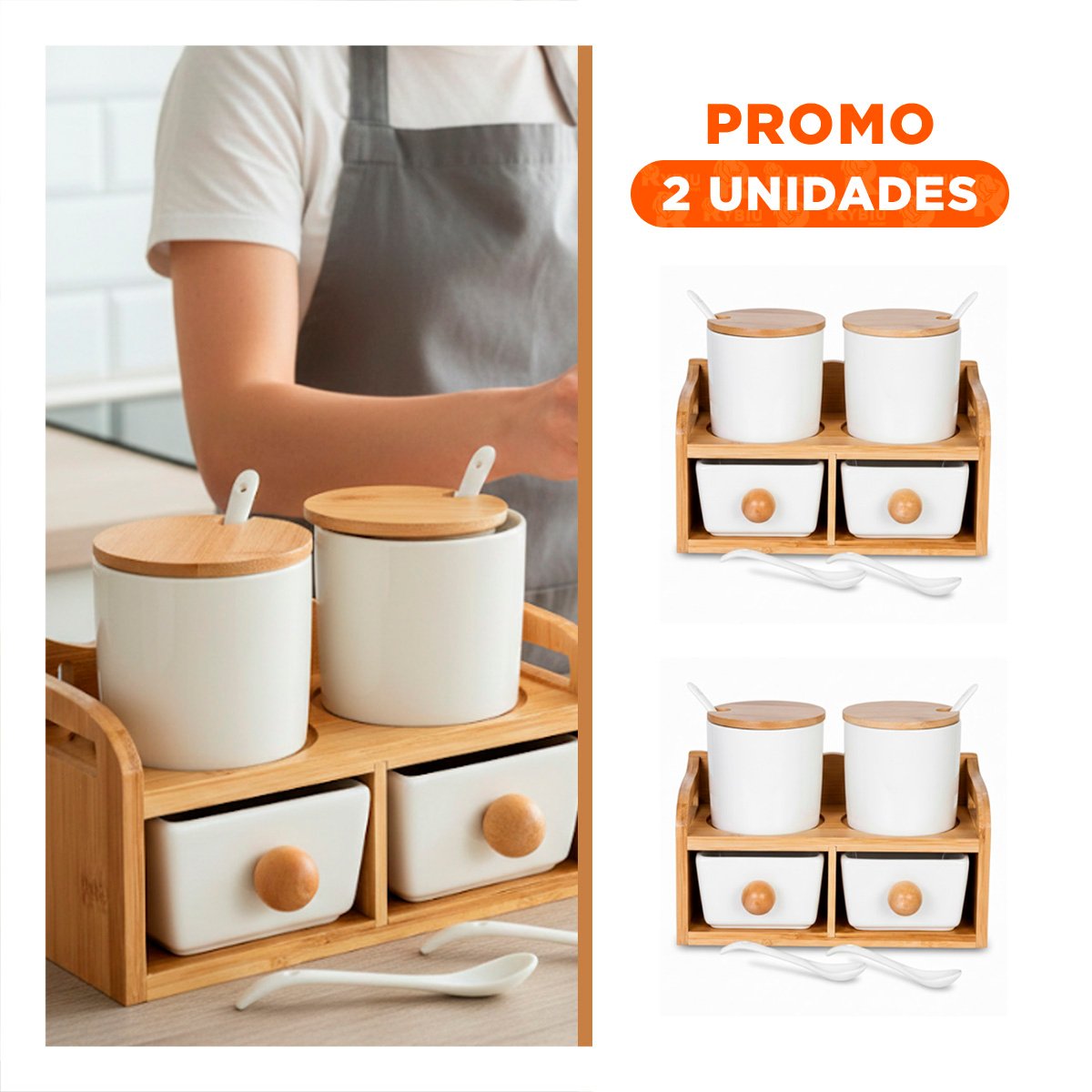 PACK2 CONJUNTO DE 4 RECIPIENTES BLANCO CON CUCHARA TAPA BASE 32X12CM DE HOGAR YREGALO STICKER - 1