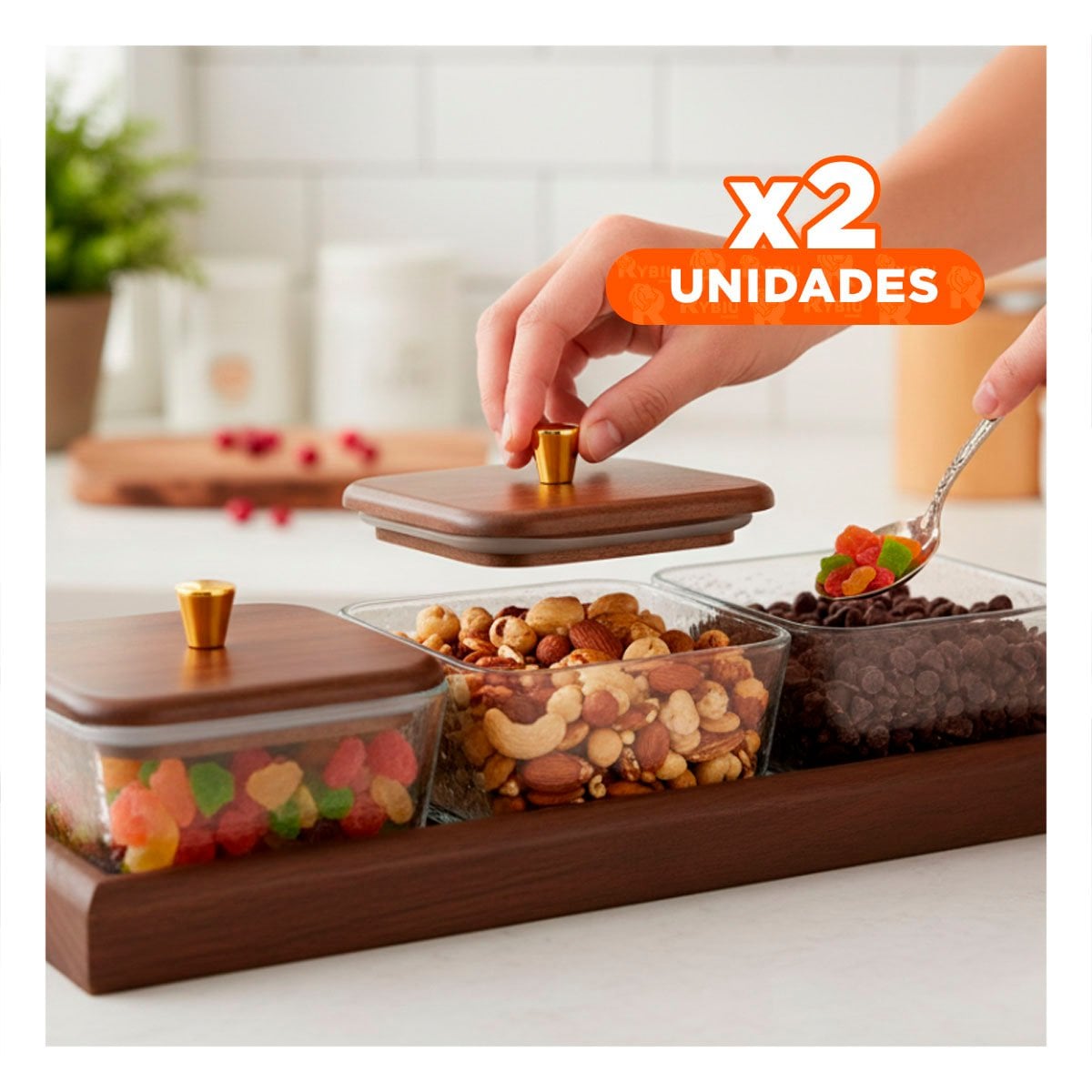 PACK2 PACK DE RECIPIENTES MARRON CUADRADOS CON BASE Y TAPA DE MADERA 3 UNIDADES 32,5X12CM - 1