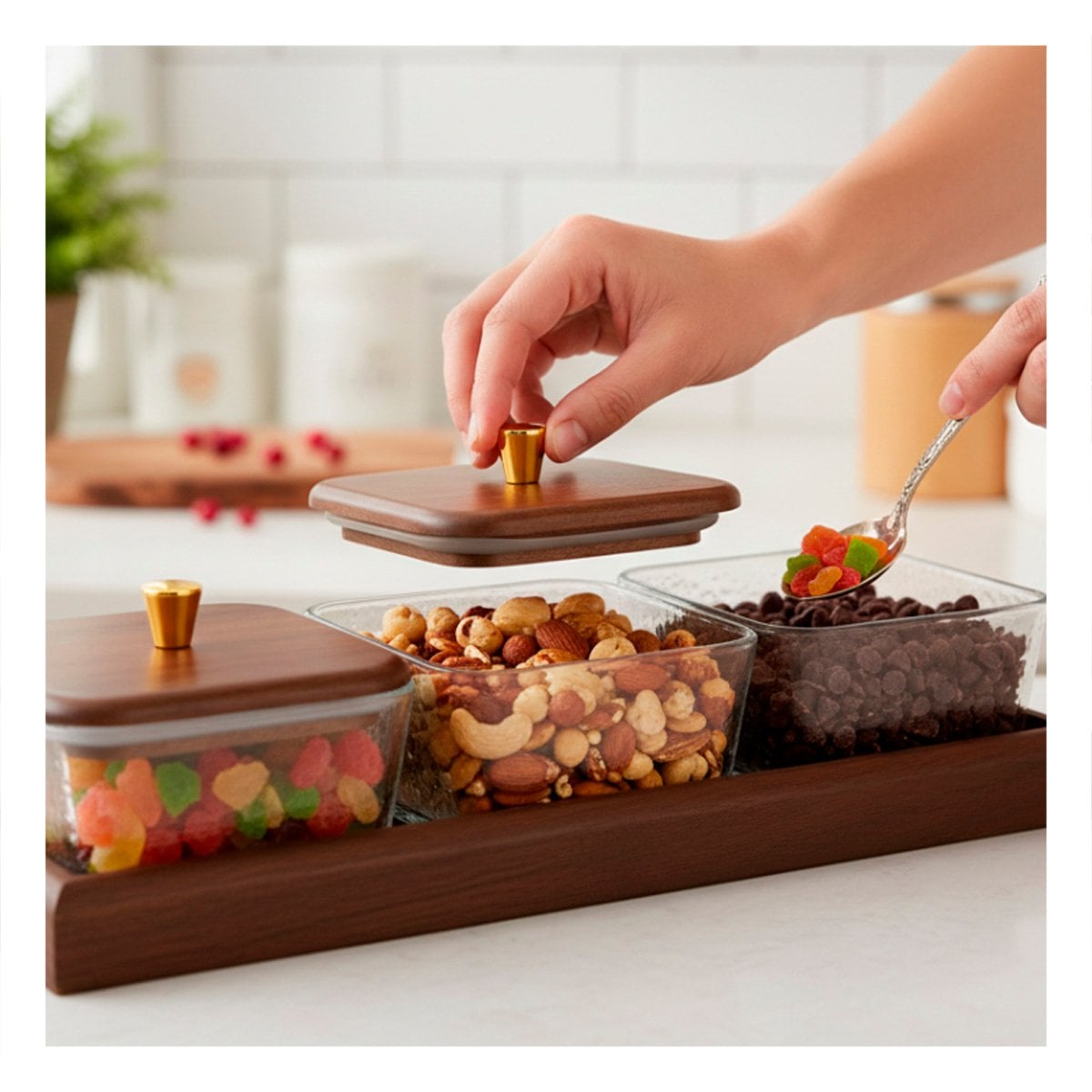 PACK2 PACK DE RECIPIENTES MARRON CUADRADOS CON BASE Y TAPA DE MADERA 3 UNIDADES 32,5X12CM - 2