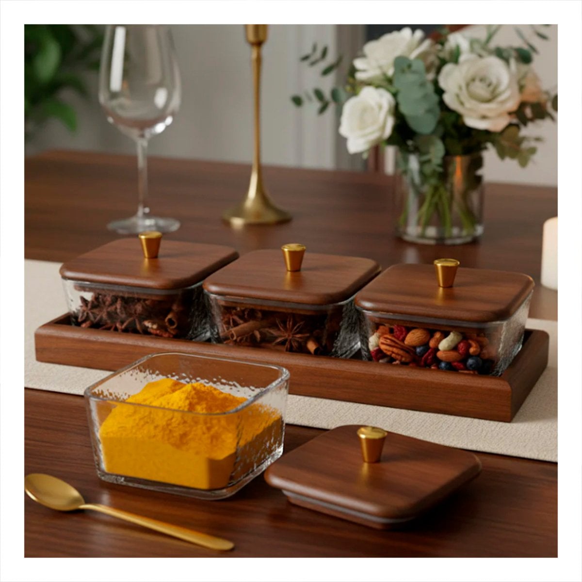 PACK2 PACK DE RECIPIENTES MARRON CUADRADOS CON BASE Y TAPA DE MADERA 3 UNIDADES 32,5X12CM - 3