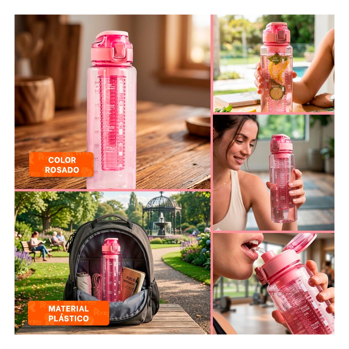 PACK2 BOTELLA REUTILIZABLE CON FILTRO 1000 ML ROSADO TRANSPARENTE PARA USO ECO YPAPEL REGALO - 3