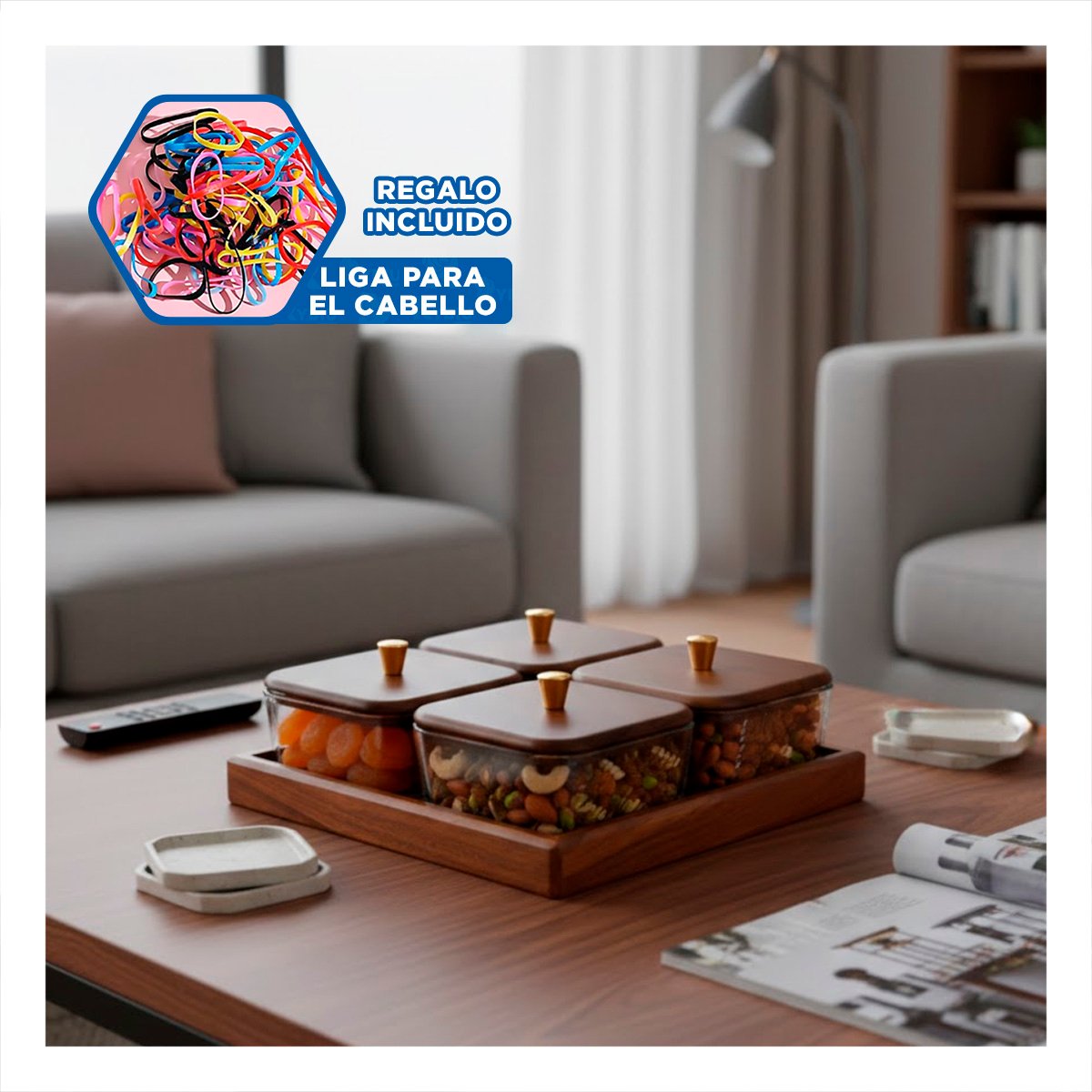 SET MARRON DE 4 RECIPIENTES TAPA BASE MADERA CUADRADOS GUARDAR ALIMENTOS YLIGAS REGALO - 2