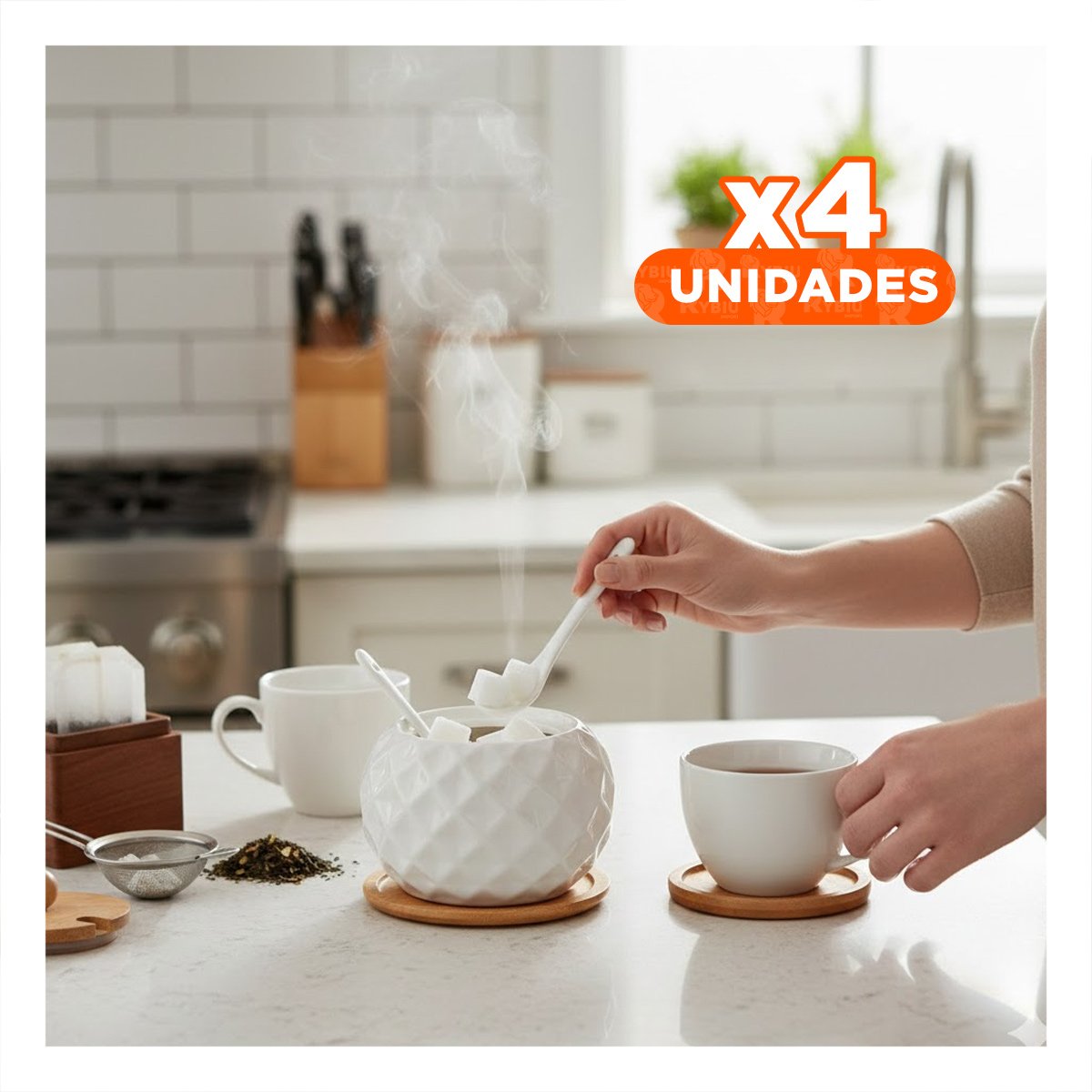 PACK4 FRASCO CIRCULAR 500ML DE COLOR BLANCO CON TAPA DE BAMBU CUCHARA Y BASE YREGALO STICKER - 1