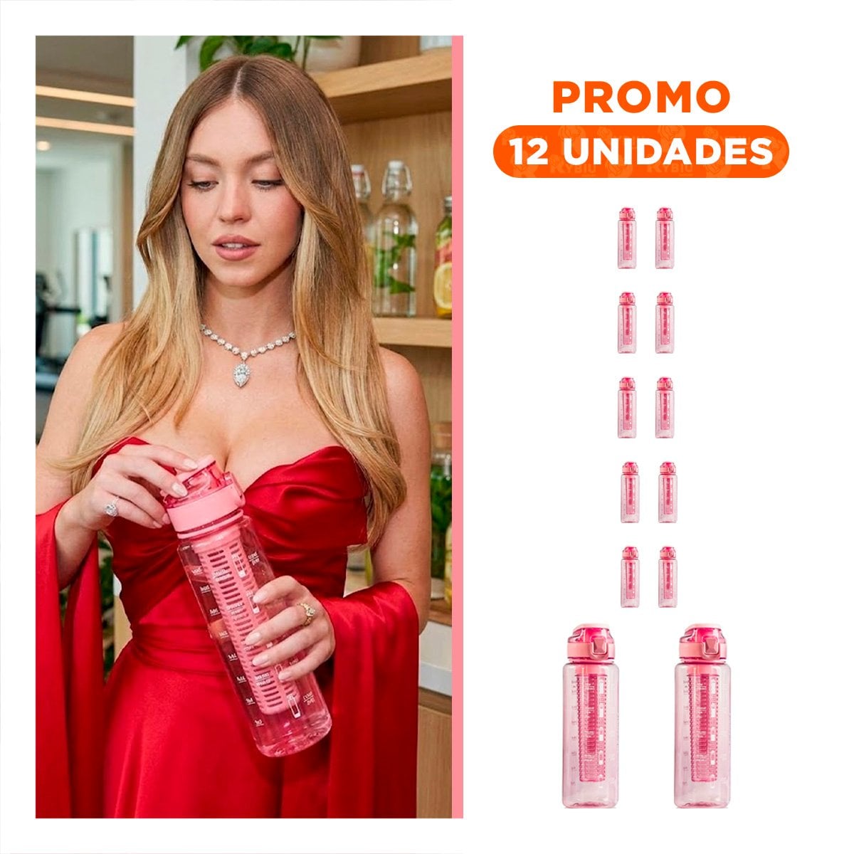 PACK12 BIDON MODERNA CON FILTRO 1000 ML ROSADO TRANSPARENTE PARA ACTIVIDADES AL AIRE LIBRE - 1