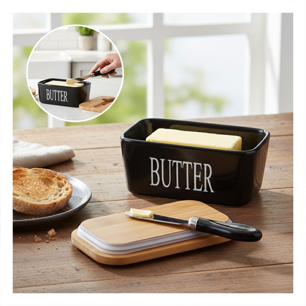 SET DE PORTA MANTEQUILLA BLANCO CON TAPA BAMBU Y CUCHILLO COCINA HOGAR - 3
