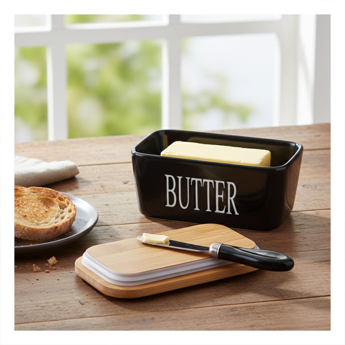 SET DE PORTA MANTEQUILLA BLANCO CON TAPA BAMBU Y CUCHILLO COCINA HOGAR - 5