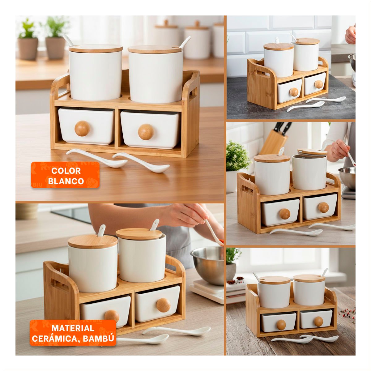 SET BLANCO CON 4 RECIPIENTES BASE TAPA CUCHARA DE 32X12CM PARA GUARDAR ALIMENTOS YLIGAS REGALO - 1