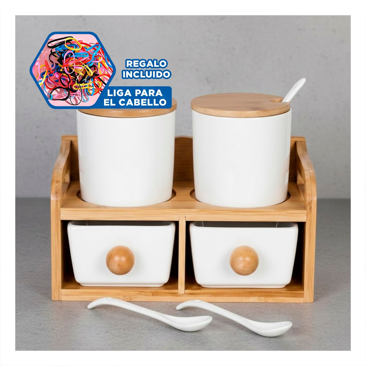 SET BLANCO CON 4 RECIPIENTES BASE TAPA CUCHARA DE 32X12CM PARA GUARDAR ALIMENTOS YLIGAS REGALO - 2