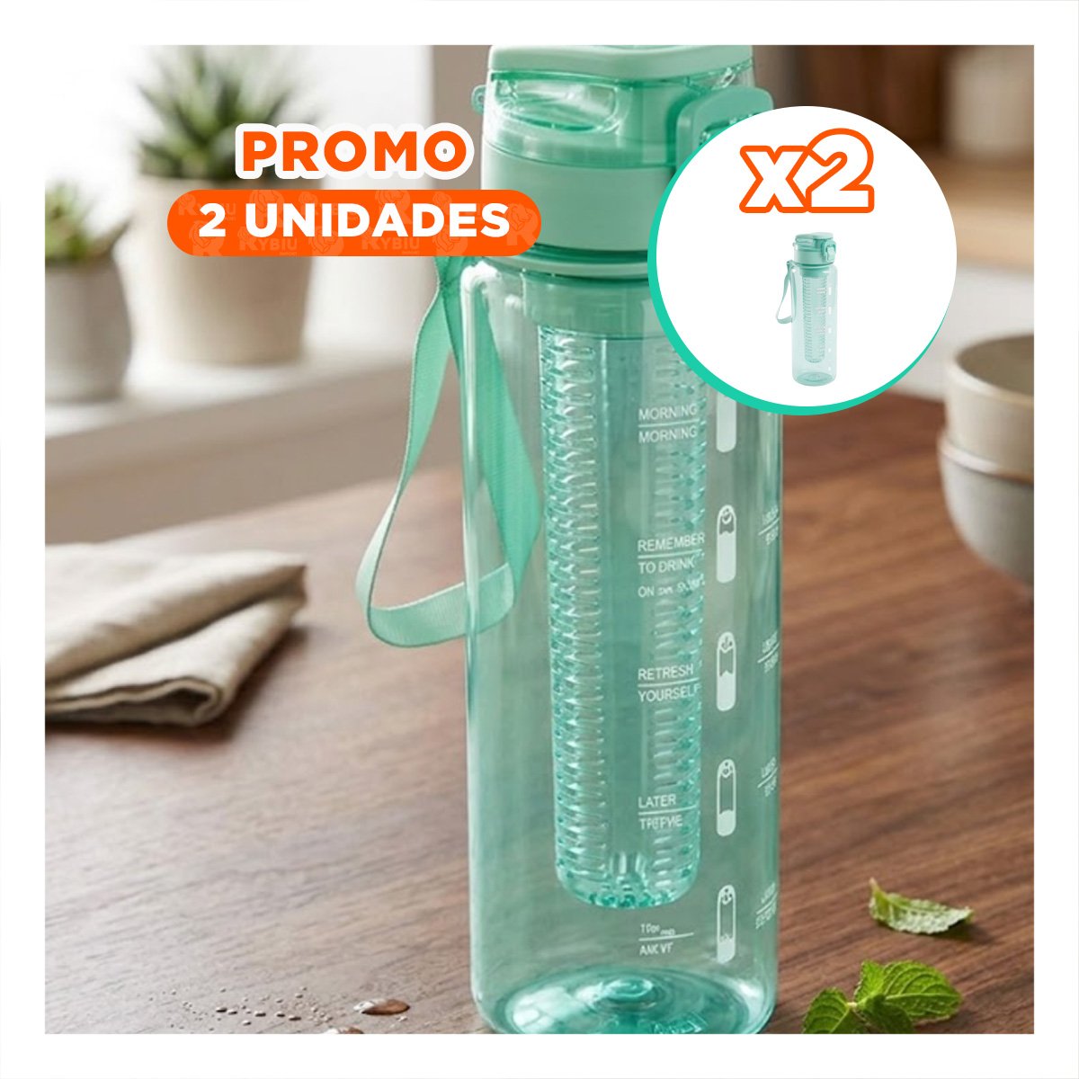 PACK2 HIDRATADOR DE AGUA CON FILTRO 1000ML VERDE TRANSPARENTE PARA CASA YPAPEL REGALO - 1
