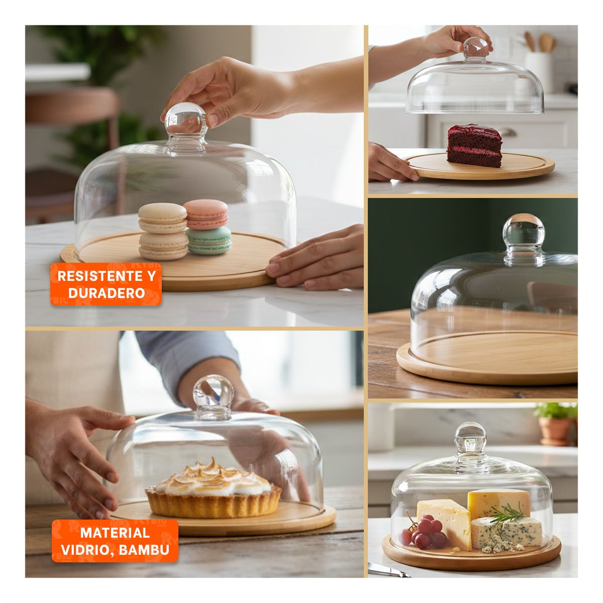 SET DE BASE MADERA CON CUPULA DE VIDRIO TRANSPARENTE BAMBU 29X20CM COCINA YLIGAS REGALO - 1
