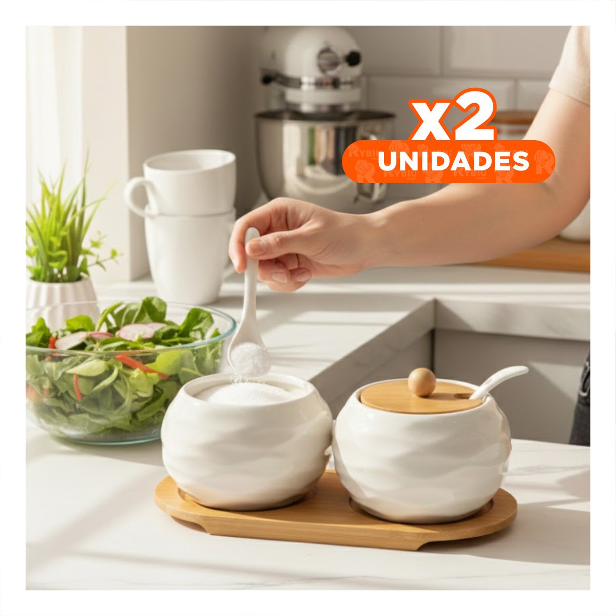 PACK2 COMBO BLANCO DE 2 RECIPIENTES TAPA BAMBU 19,9CM USO DIARIO Y HOGAR YPAPEL REGALO - 1