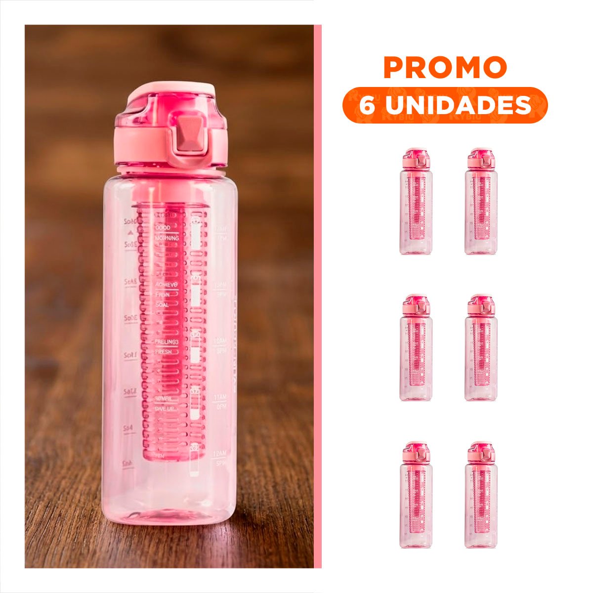 PACK6 BIDON FUNCIONAL CON FILTRO 1000 ML ROSADO TRANSPARENTE PARA HIDRATACION YREGALO STICKER - 1