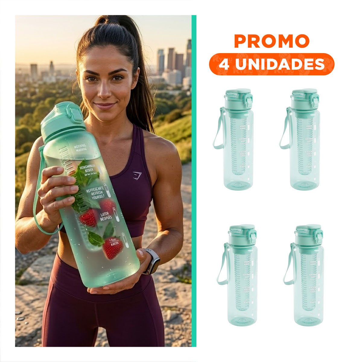 PACK4 ENVASE TRANSPARENTE CON FILTRO 1000ML VERDE PARA LLEVAR AGUA Y JUGOS - 1
