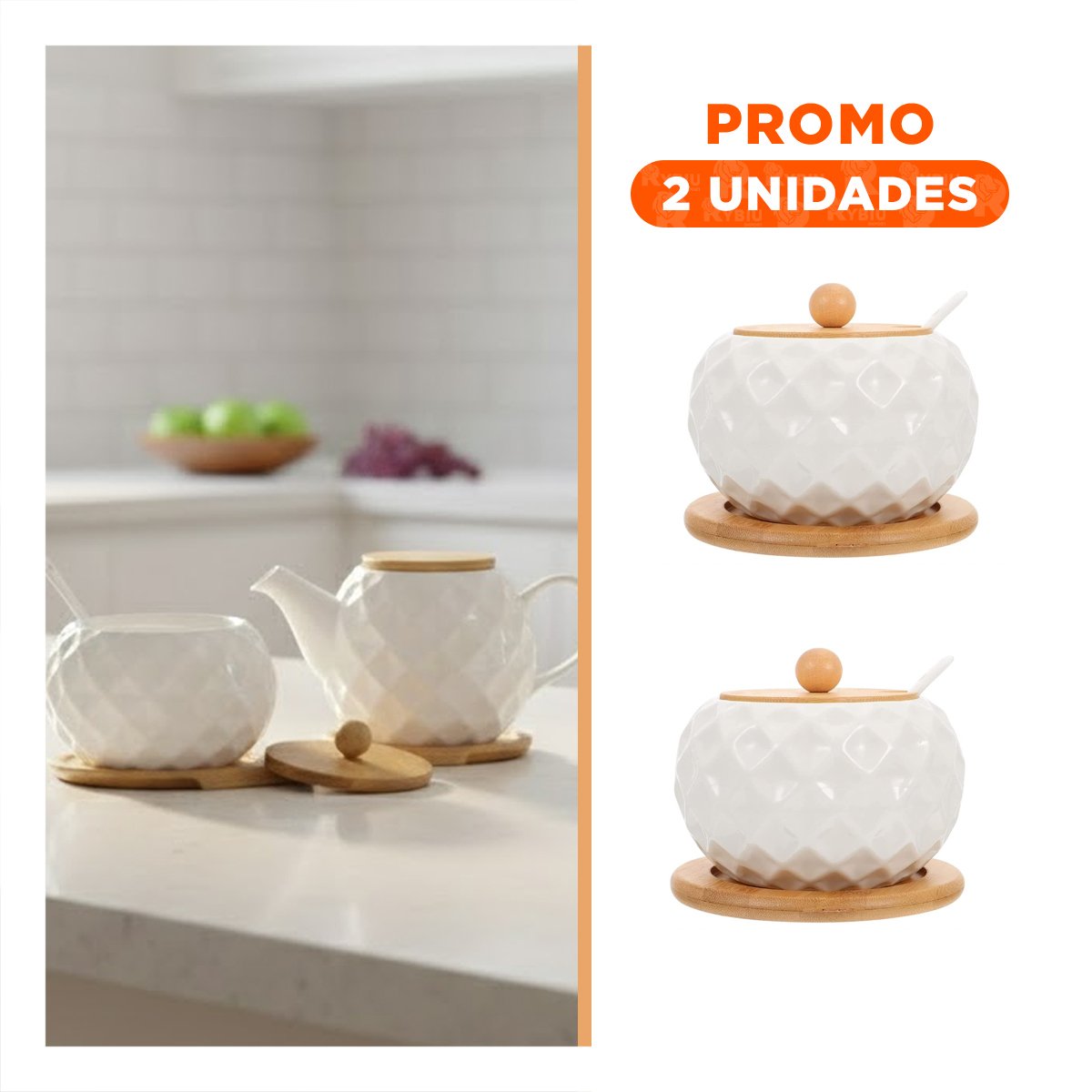 PACK2 CONTENEDOR DE COLOR BLANCO CIRCULAR 500ML CON BASE Y TAPA BAMBU YREGALO STICKER - 1