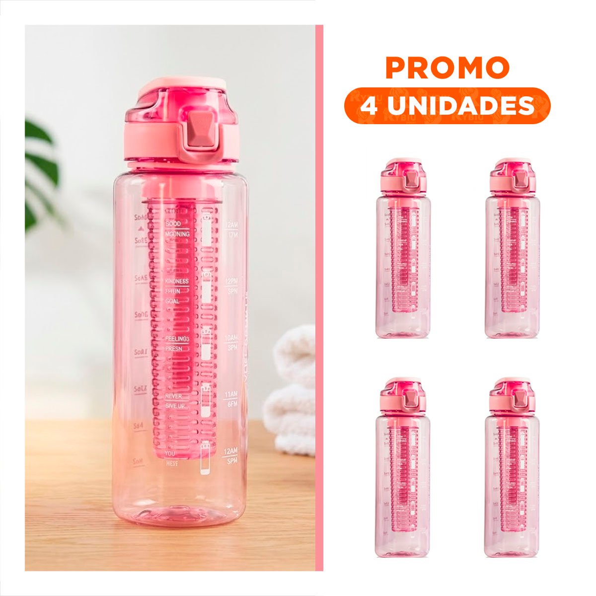PACK4 BOTELLA PRACTICA CON FILTRO 1000 ML ROSADO TRANSPARENTE PARA HIDRATACION CONSTANTE - 1
