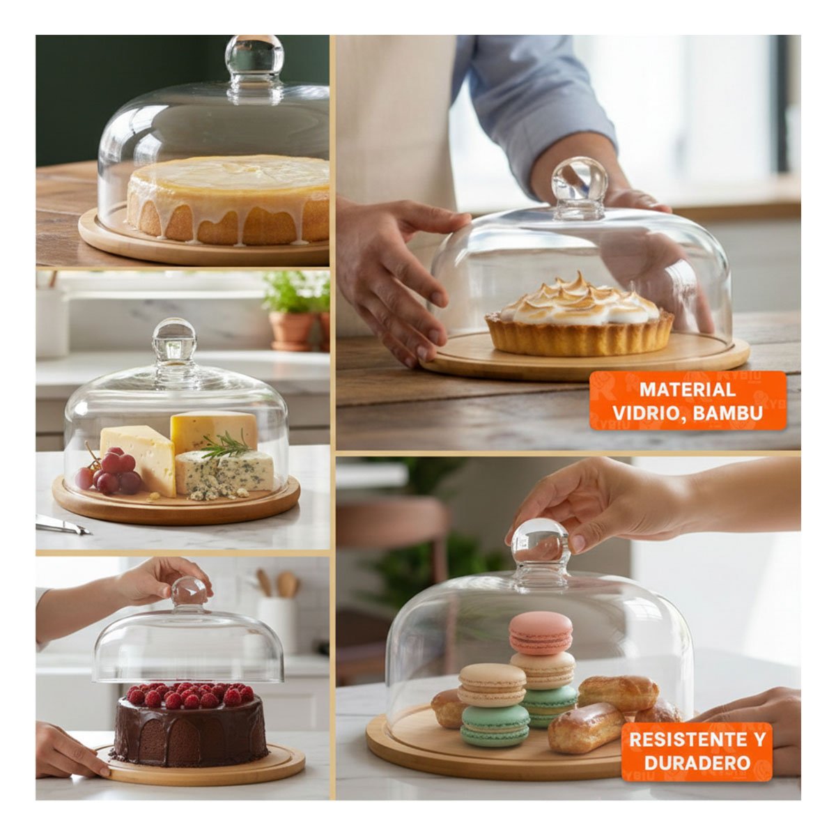 SET DE BASE MADERA CUPULA VIDRIO TRANSPARENTE BAMBU 32X24CM ORGANIZACIÓN COCINA YPOST IT - 2