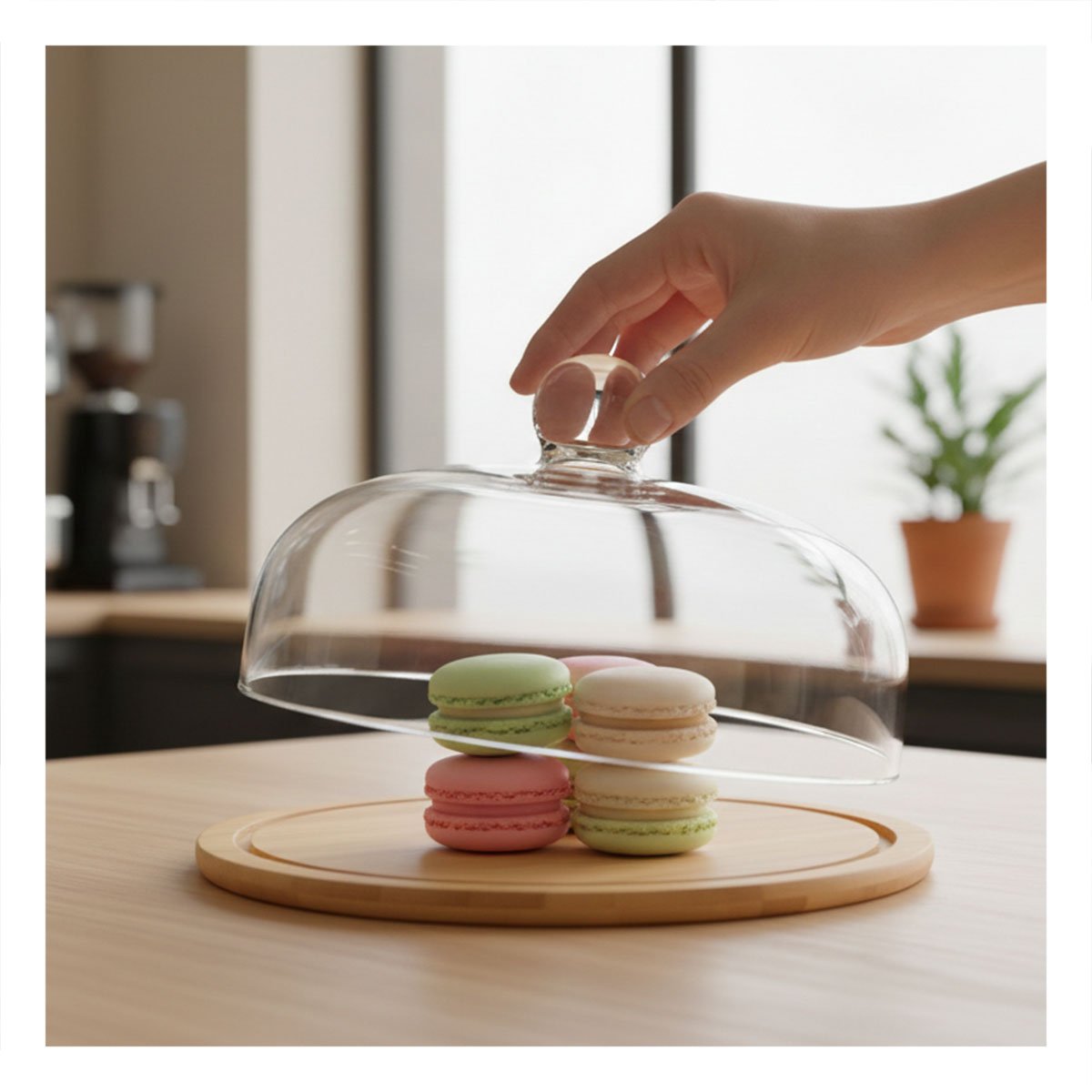 SET BASE MADERA CON CUPULA DE VIDRIO TRANSPARENTE BAMBU 29X20CM GUARDAR ALIMENTOS - 1