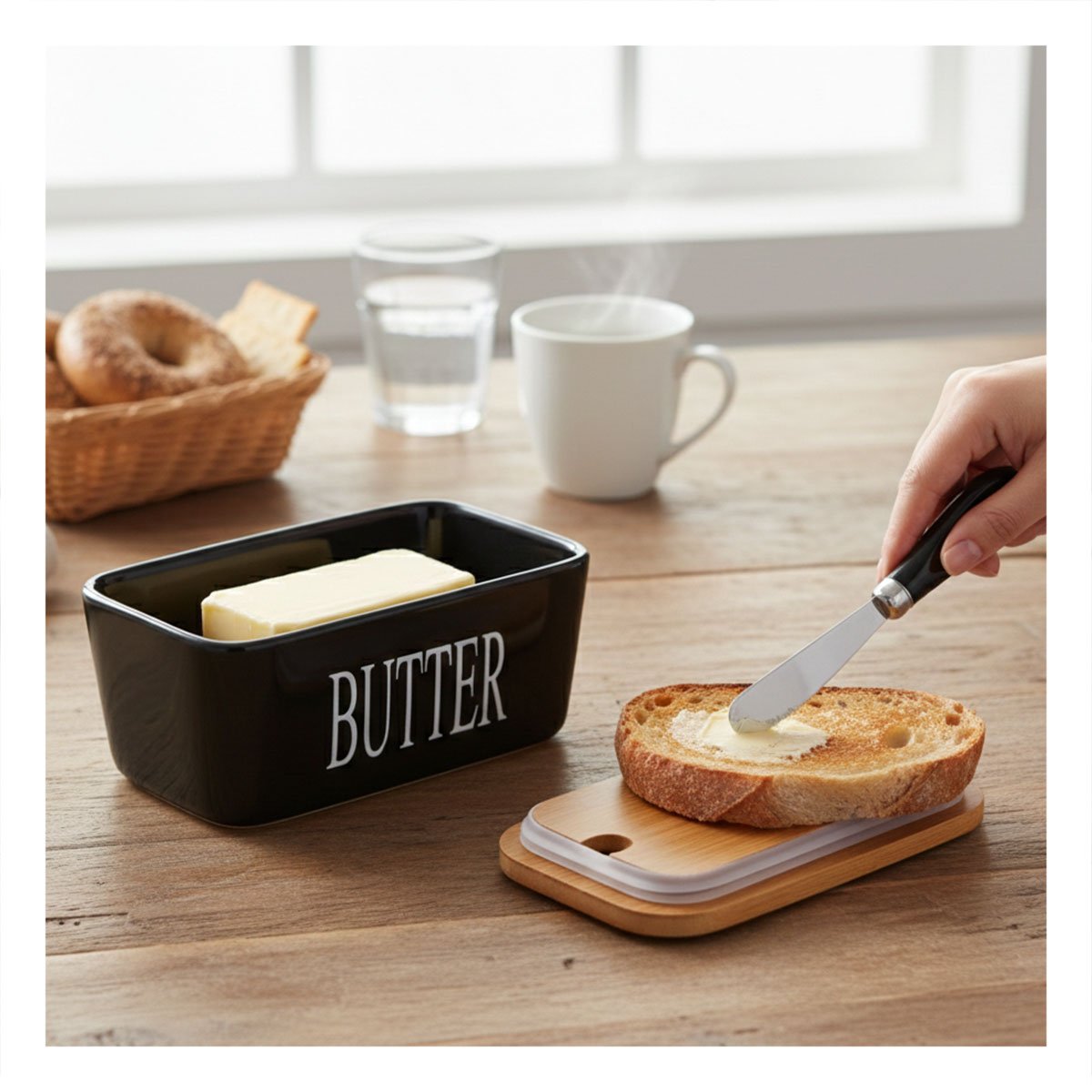 SET DE PORTA MANTEQUILLA CON TAPA BAMBU CUCHILLO BLANCO GUARDAR ALIMENTOS YREGALO STICKER - 5
