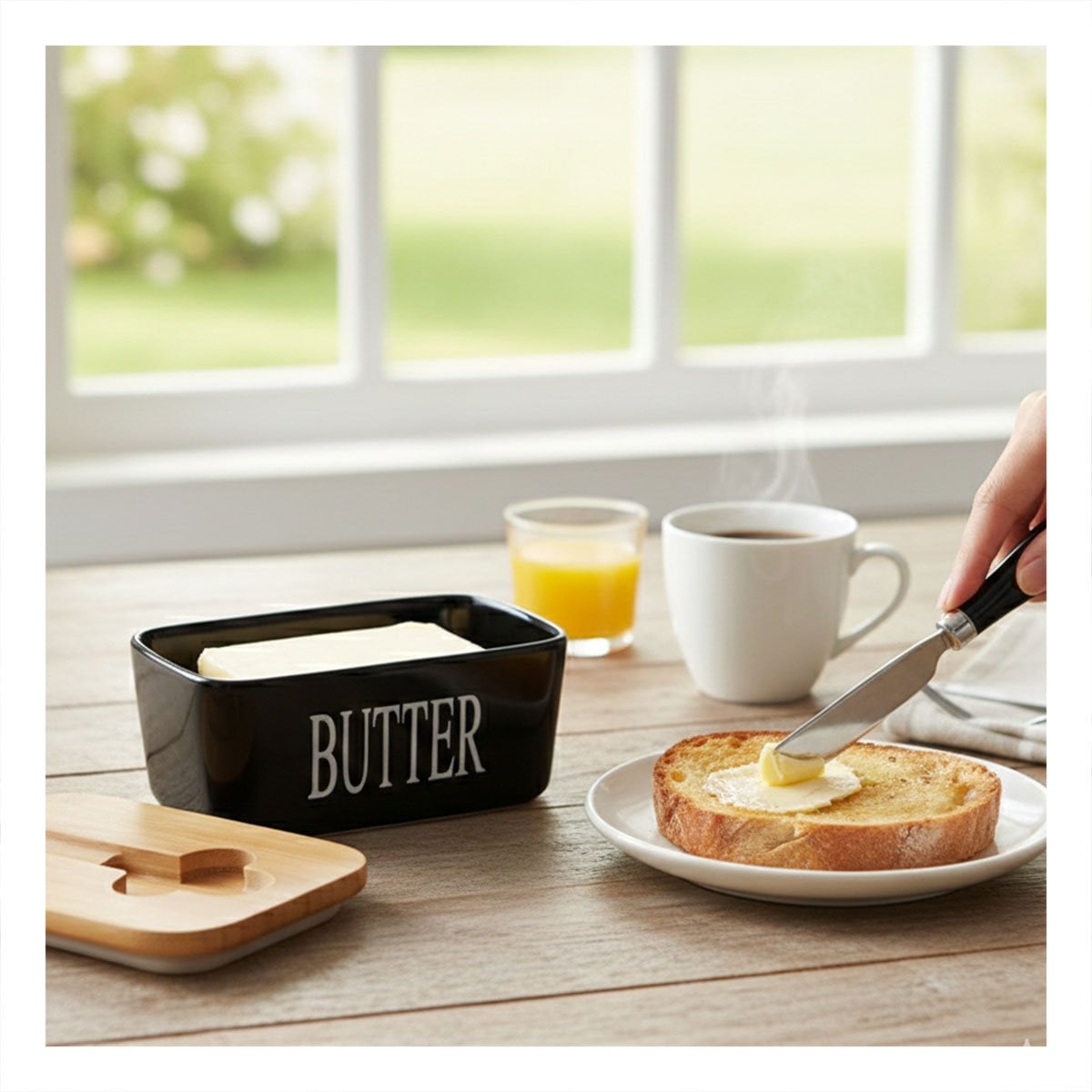 PACK2 CONJUNTO DE PORTA MANTEQUILLA BLANCO CON TAPA BAMBU Y CUCHILLO COCINA HOGAR - 5