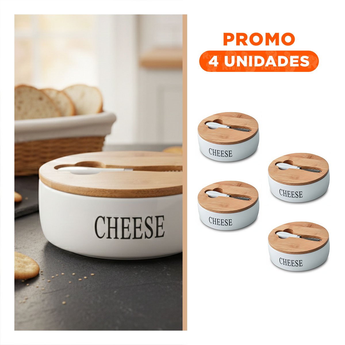 PACK4 CONJUNTO BLANCO DE PORTA QUESO TAPA BAMBU Y CUCHILLO 16X7,5CM ORGANIZACIÓN COCINA HOGAR - 1